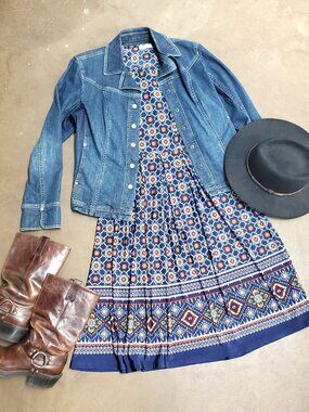 Pretty Young Thing PYT Geometric Tribal Midi Dress Navy Orange Fits M L EUC
